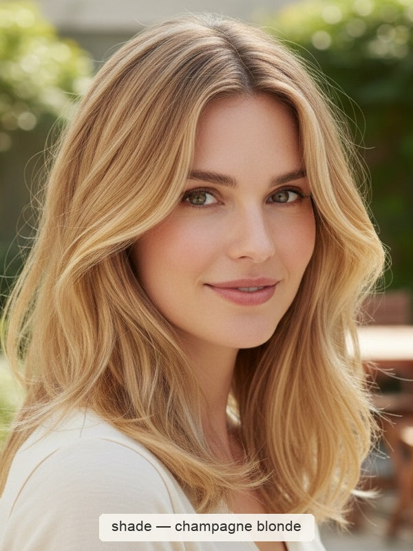 Woman outdoors with shoulder-length pale golden-blonde waves and darker roots, with a small label beneath identifying the shade as Champagne Blonde.