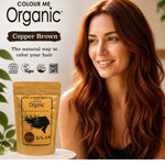 Radico Copper Brown graphic showing a smiling woman with long reddish-brown waves beside a brown paper hair-colour pouch, with the shade name printed on a brown brushstroke above.