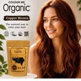 Radico Copper Brown graphic showing a smiling woman with long reddish-brown waves beside a brown paper hair-colour pouch, with the shade name printed on a brown brushstroke above.