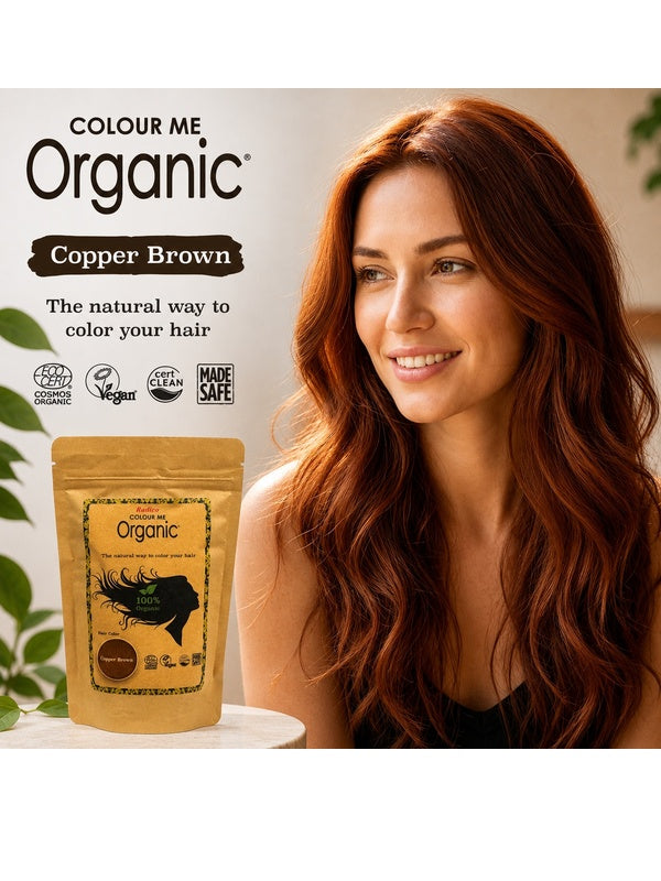 Radico Copper Brown graphic showing a smiling woman with long reddish-brown waves beside a brown paper hair-colour pouch, with the shade name printed on a brown brushstroke above.