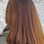Rear view of smooth, shoulder-length brown hair with warm copper ends and darker roots, with a small label beneath identifying the shade as Copper Brown.