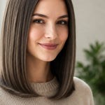Woman modelling Radico Dark Ash Blonde hair colour, with a smooth shoulder-length bob, a centre part and cool grey-brown strands curving inward at the ends.