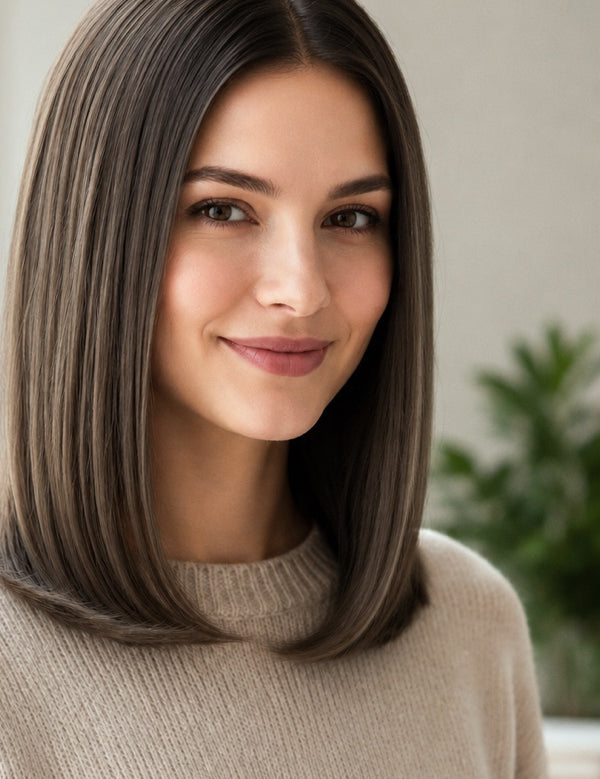 Woman modelling Radico Dark Ash Blonde hair colour, with a smooth shoulder-length bob, a centre part and cool grey-brown strands curving inward at the ends.