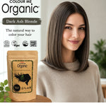 Radico Dark Ash Blonde graphic showing a woman with a smooth grey-brown bob beside a brown paper hair-colour pouch, with the shade name printed on a grey-brown brushstroke above.