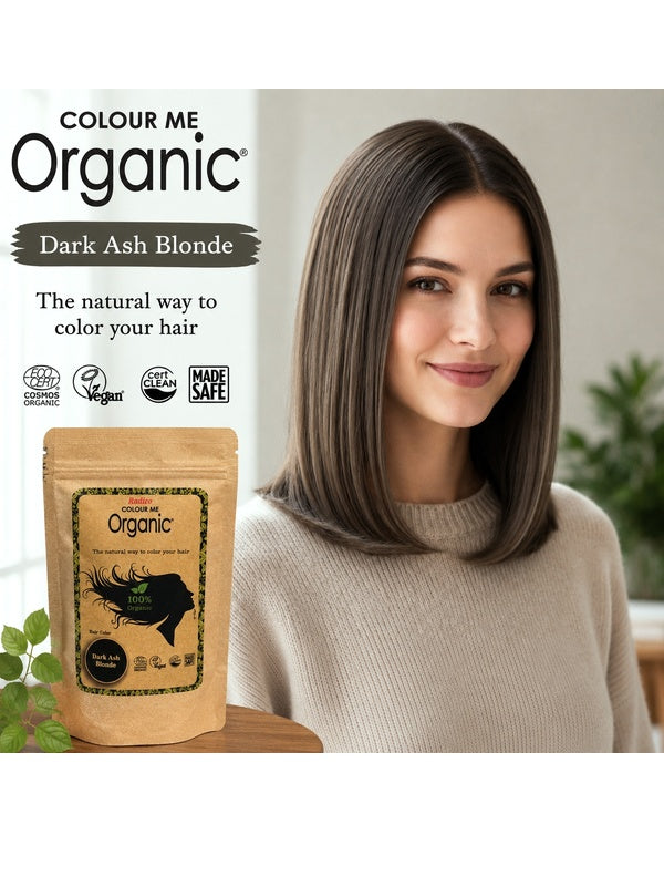 Radico Dark Ash Blonde graphic showing a woman with a smooth grey-brown bob beside a brown paper hair-colour pouch, with the shade name printed on a grey-brown brushstroke above.