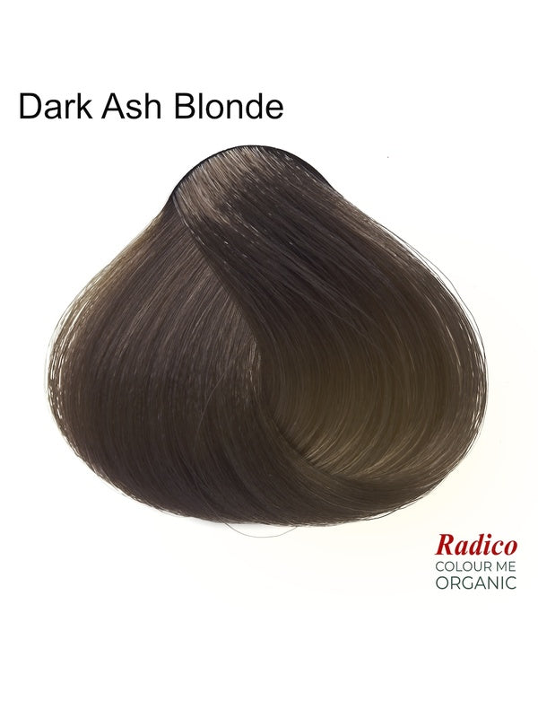 Rounded teardrop-shaped tuft of smooth, cool dark grey-brown hair beneath the shade name Dark Ash Blonde, with the Radico Colour Me Organic logo at the lower right.