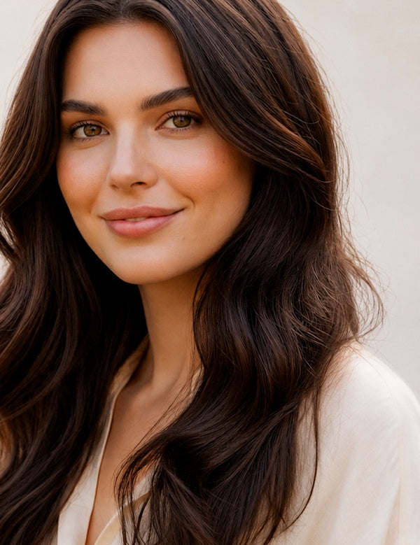 Woman modelling Radico Dark Brown hair colour, with a centre part and long, glossy dark brown waves falling over her shoulders.