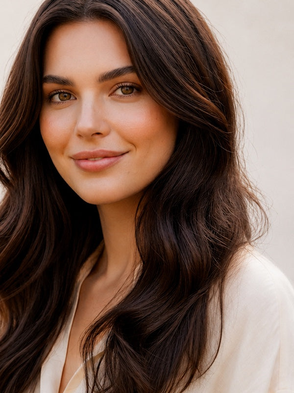 Woman modelling Radico Dark Brown hair colour, with a centre part and long, glossy dark brown waves falling over her shoulders.
