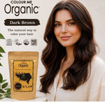 Radico Dark Brown graphic showing a woman with long dark brown waves beside a brown paper hair-colour pouch, with the shade name printed on a dark brown brushstroke above.