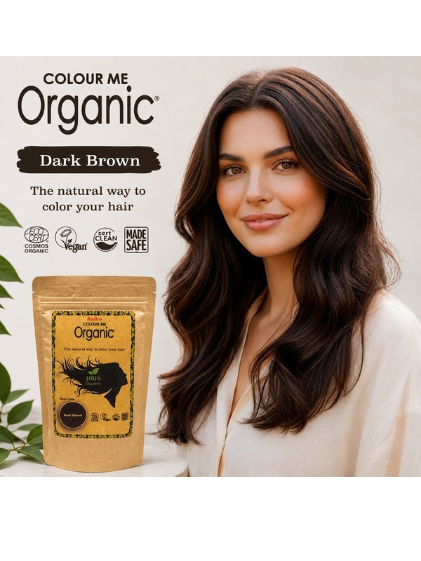 Radico Dark Brown graphic showing a woman with long dark brown waves beside a brown paper hair-colour pouch, with the shade name printed on a dark brown brushstroke above.