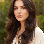 Woman outdoors with long, layered dark brown waves parted in the centre, with a small label beneath identifying the shade as Dark Brown.
