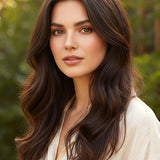 Woman outdoors with long, layered dark brown waves parted in the centre, with a small label beneath identifying the shade as Dark Brown.