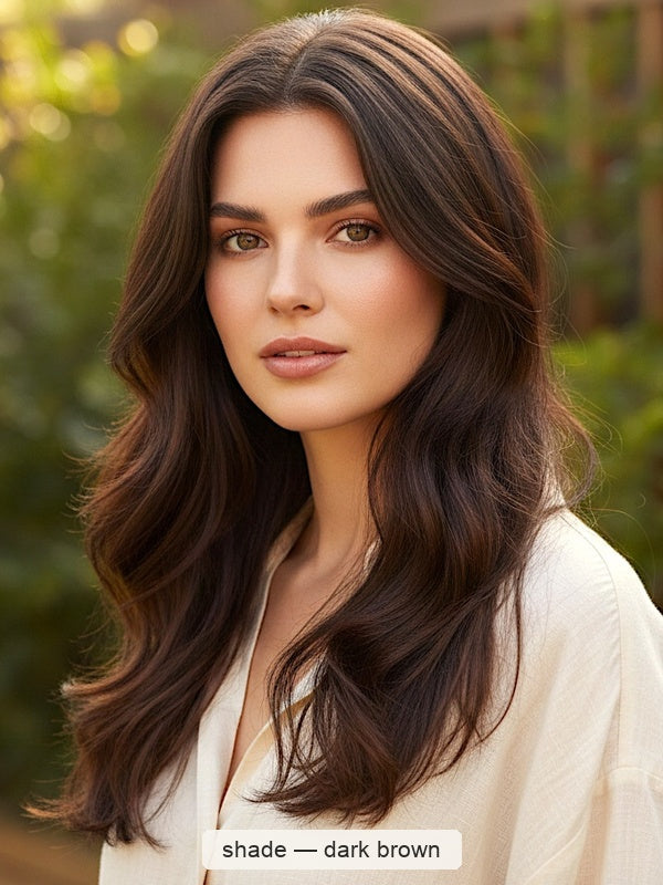 Woman outdoors with long, layered dark brown waves parted in the centre, with a small label beneath identifying the shade as Dark Brown.