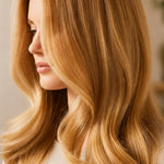 Woman modelling Radico Golden Blonde hair colour in side view, with long honey-gold hair swept across her face and shaped into broad, smooth waves.