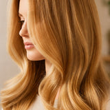 Woman modelling Radico Golden Blonde hair colour in side view, with long honey-gold hair swept across her face and shaped into broad, smooth waves.