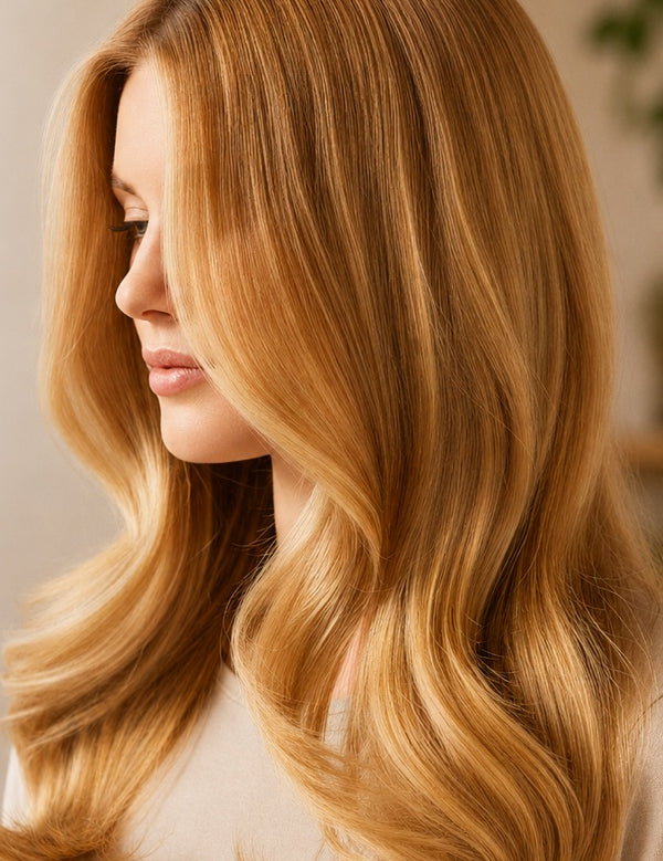Woman modelling Radico Golden Blonde hair colour in side view, with long honey-gold hair swept across her face and shaped into broad, smooth waves.