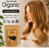 Radico Golden Blonde graphic showing a woman in side view with broad honey-gold waves beside a brown paper hair-colour pouch, with the shade name printed on a brown brushstroke above.