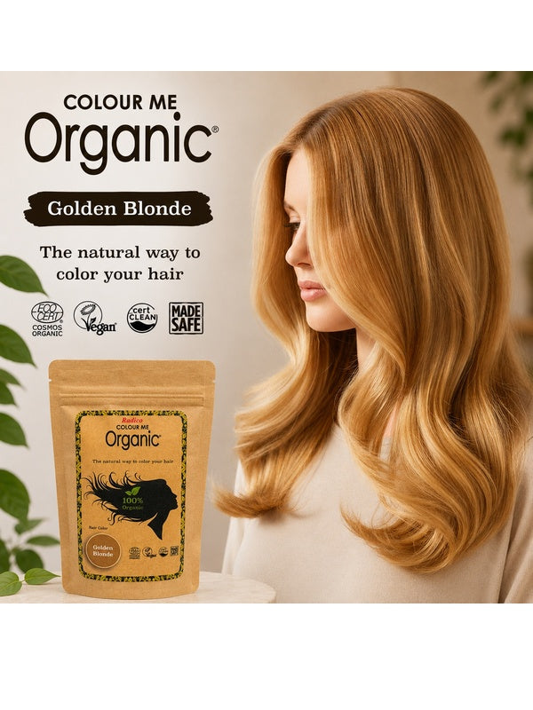 Radico Golden Blonde graphic showing a woman in side view with broad honey-gold waves beside a brown paper hair-colour pouch, with the shade name printed on a brown brushstroke above.