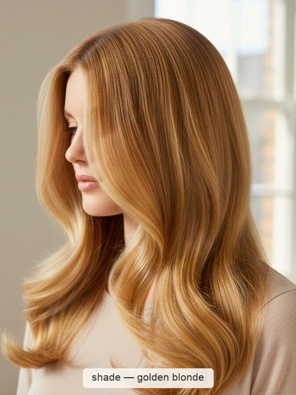 Side view of a woman with long honey-gold hair falling in broad, smooth waves, with a small label beneath identifying the shade as Golden Blonde.