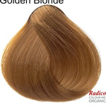 Rounded teardrop-shaped tuft of smooth, warm golden-brown hair beneath the shade name Golden Blonde, with the Radico Colour Me Organic logo at the lower right.