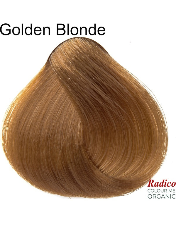 Rounded teardrop-shaped tuft of smooth, warm golden-brown hair beneath the shade name Golden Blonde, with the Radico Colour Me Organic logo at the lower right.
