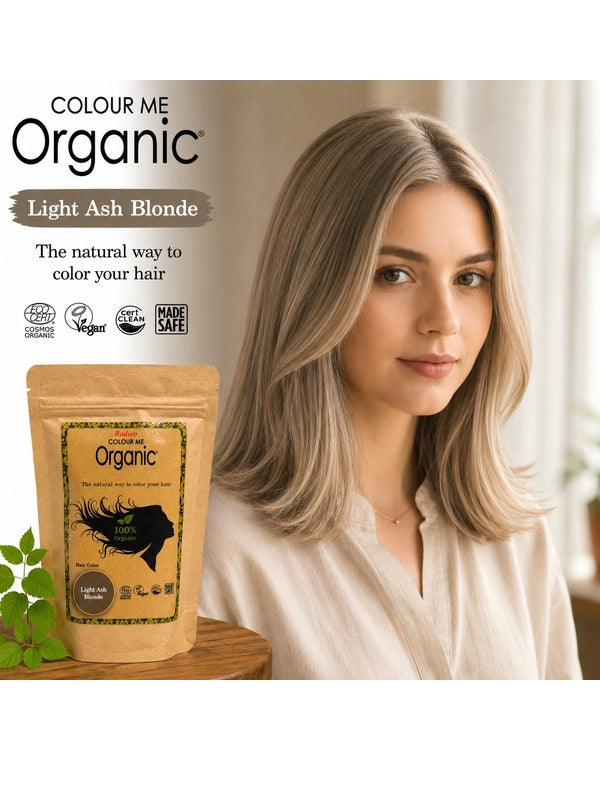Radico Light Ash Blonde graphic showing a woman with smooth beige-brown hair and pale ash-blonde strands beside a brown paper hair-colour pouch, with the shade name on a grey-brown brushstroke above.