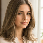 Woman with smooth, shoulder-length beige-brown hair, pale ash-blonde strands and outward-curving ends, with a small label beneath identifying the shade as Light Ash Blonde.