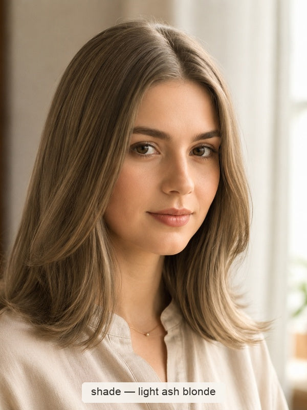 Woman with smooth, shoulder-length beige-brown hair, pale ash-blonde strands and outward-curving ends, with a small label beneath identifying the shade as Light Ash Blonde.