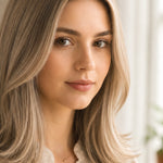 Woman modelling Radico Light Ash Blonde hair colour, with a centre part and smooth shoulder-length beige-brown hair with lighter ash-blonde strands and outward-curving ends.