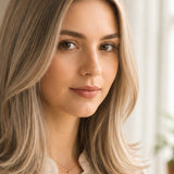 Woman modelling Radico Light Ash Blonde hair colour, with a centre part and smooth shoulder-length beige-brown hair with lighter ash-blonde strands and outward-curving ends.