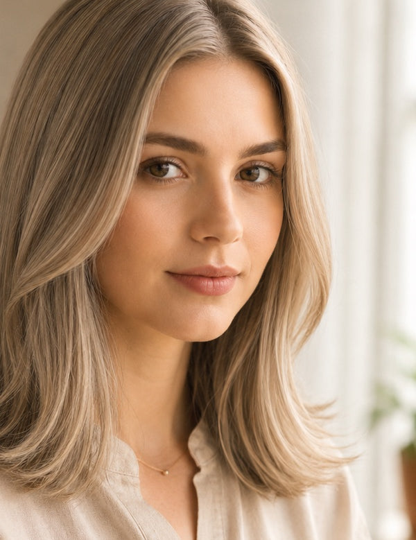 Woman modelling Radico Light Ash Blonde hair colour, with a centre part and smooth shoulder-length beige-brown hair with lighter ash-blonde strands and outward-curving ends.