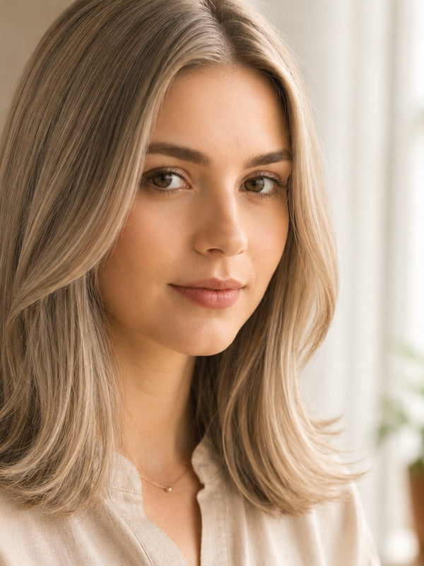Woman modelling Radico Light Ash Blonde hair colour, with a centre part and smooth shoulder-length beige-brown hair with lighter ash-blonde strands and outward-curving ends.