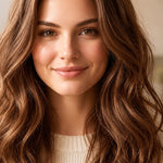 Woman modelling Radico Light Brown hair colour, with a centre part and long, loose chestnut-brown waves with warm copper highlights.