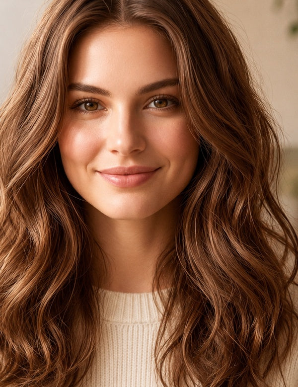 Woman modelling Radico Light Brown hair colour, with a centre part and long, loose chestnut-brown waves with warm copper highlights.
