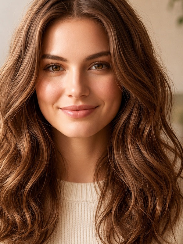 Woman modelling Radico Light Brown hair colour, with a centre part and long, loose chestnut-brown waves with warm copper highlights.