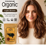Radico Light Brown graphic showing a woman with loose chestnut-brown waves beside a brown paper hair-colour pouch, with the shade name printed on a brown brushstroke above.