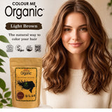 Radico Light Brown graphic showing a woman with loose chestnut-brown waves beside a brown paper hair-colour pouch, with the shade name printed on a brown brushstroke above.