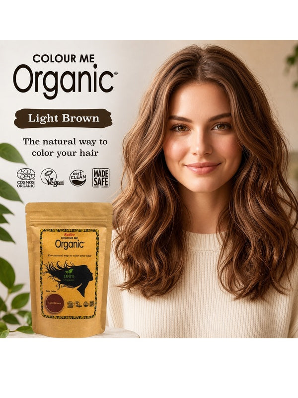 Radico Light Brown graphic showing a woman with loose chestnut-brown waves beside a brown paper hair-colour pouch, with the shade name printed on a brown brushstroke above.