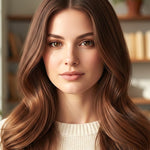 Woman facing forward with centre-parted chestnut-brown hair in broad, smooth waves, with a small label beneath identifying the shade as Light Brown.