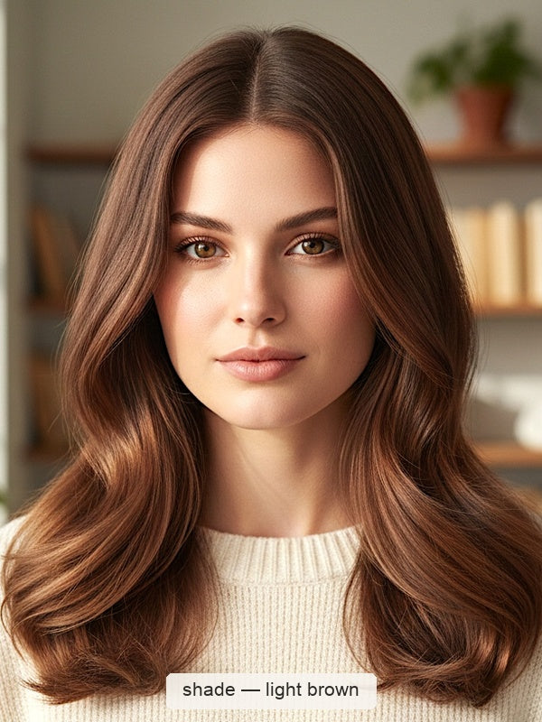 Woman facing forward with centre-parted chestnut-brown hair in broad, smooth waves, with a small label beneath identifying the shade as Light Brown.
