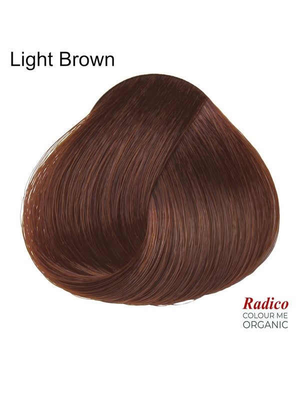 Rounded teardrop-shaped tuft of smooth, reddish-brown hair beneath the shade name Light Brown, with the Radico Colour Me Organic logo at the lower right.