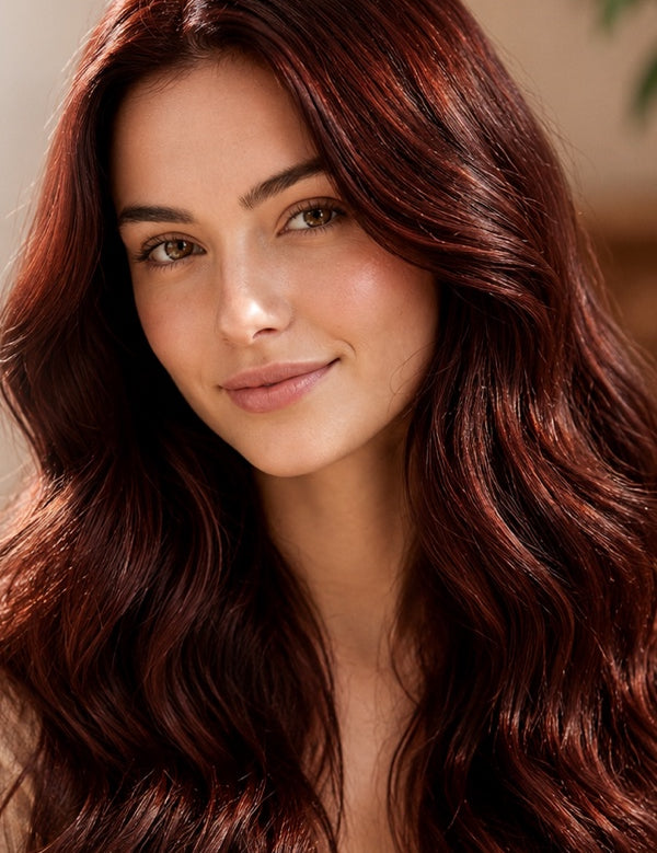 Woman modelling Radico Mahogany hair colour, with long, glossy deep reddish-brown waves and brighter red strands catching the light.