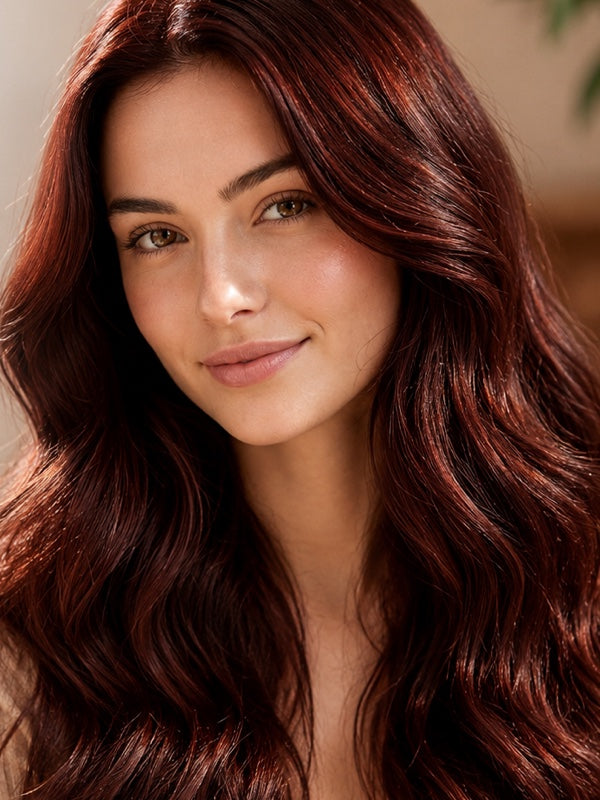 Woman modelling Radico Mahogany hair colour, with long, glossy deep reddish-brown waves and brighter red strands catching the light.