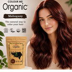 Radico Mahogany graphic showing a woman with deep reddish-brown waves beside a brown paper hair-colour pouch, with the shade name printed on a dark brown brushstroke above.