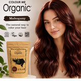 Radico Mahogany graphic showing a woman with deep reddish-brown waves beside a brown paper hair-colour pouch, with the shade name printed on a dark brown brushstroke above.