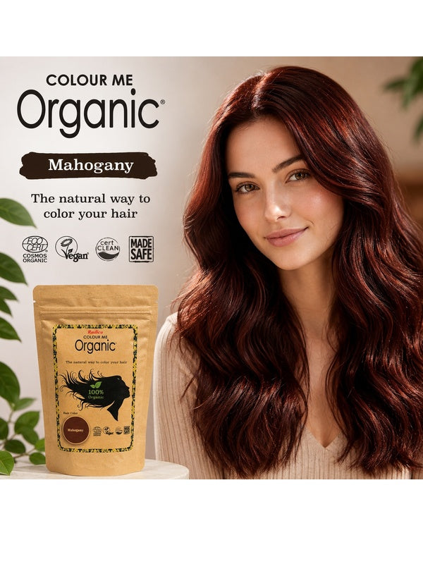Radico Mahogany graphic showing a woman with deep reddish-brown waves beside a brown paper hair-colour pouch, with the shade name printed on a dark brown brushstroke above.