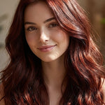 Woman with long, loose deep reddish-brown waves and bright red highlights, with a small label beneath identifying the shade as Mahogany.