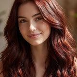 Woman with long, loose deep reddish-brown waves and bright red highlights, with a small label beneath identifying the shade as Mahogany.