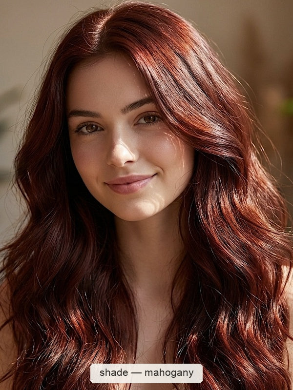 Woman with long, loose deep reddish-brown waves and bright red highlights, with a small label beneath identifying the shade as Mahogany.