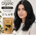 Radico Soft Black graphic showing a woman with loose black waves beside a brown paper hair-colour pouch, with the shade name printed on a dark brushstroke above.